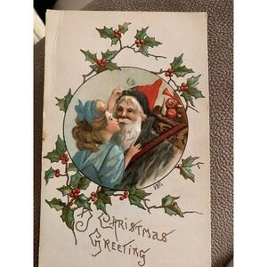 VTG‎ Old World Germany Christmas Postcard Santa Claus Holly KBG Signed Embossed